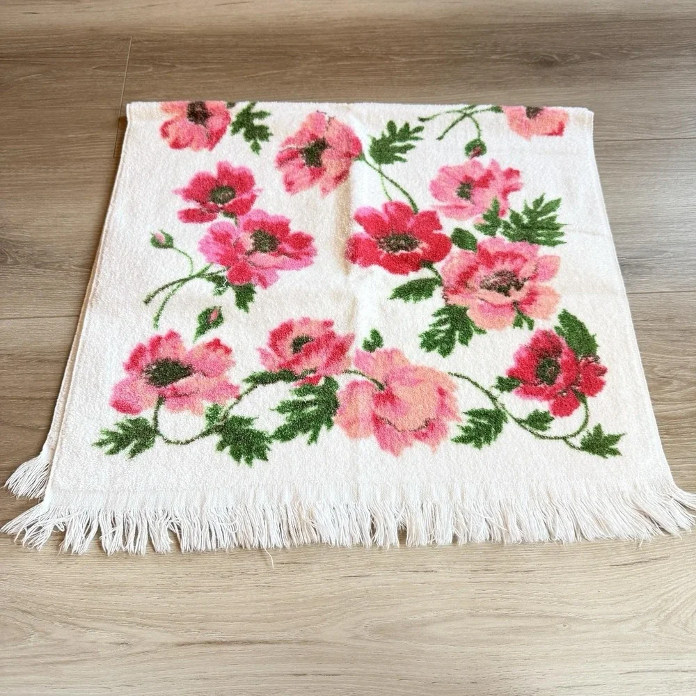 Lady Pepperell Vintage Floral Bath Towel Fringe Pink Roses 21x34